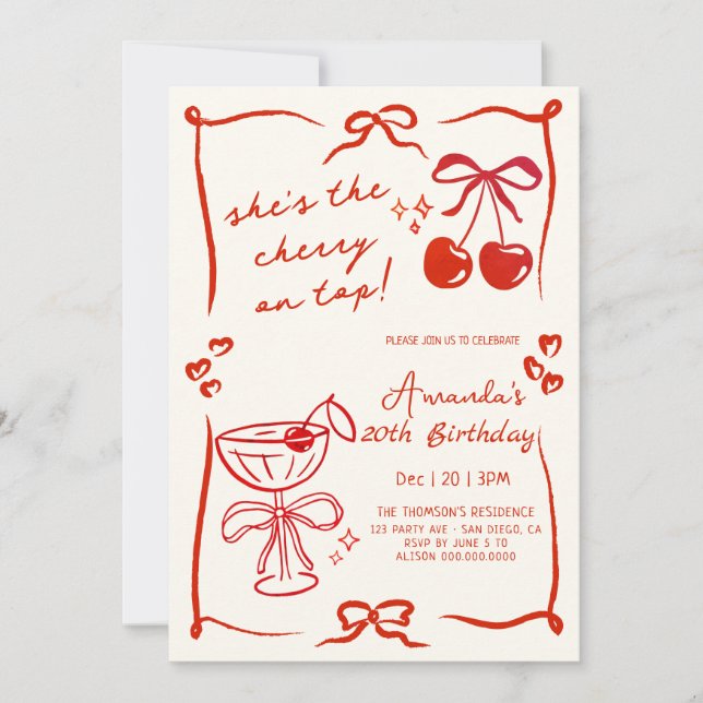 hand-drawn cherry martini birthday invitation (Front)
