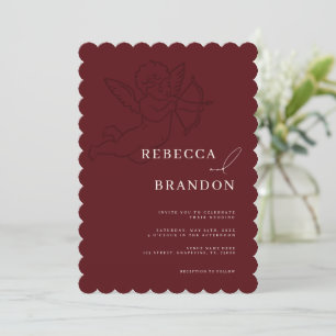 Hand Drawn Cherub Burgundy Scalloped Wedding Invitation