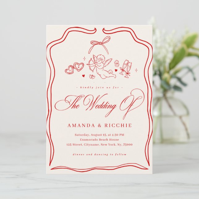 Hand Drawn Cherub Vintage Cupid Monogram Wedding Invitation (Standing Front)