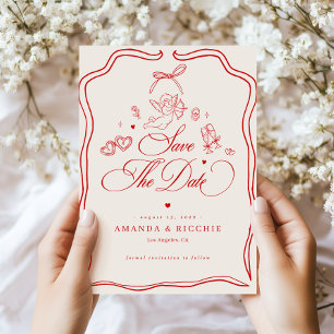 Hand Drawn Cherub Vintage Cupid Red Retro Wedding Save The Date