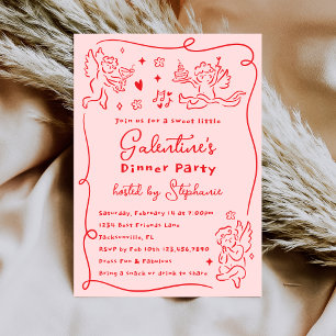 Hand Drawn Cherubs Pink Red Galentine's Day Party Invitation