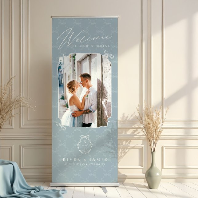 Hand Drawn Chic Bow & Ribbon Wedding Photo Welcome Retractable Banner (Elegant Bow & Ribbon Floral Bouquet Monogram Embosser)