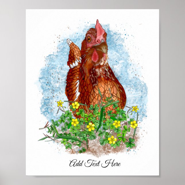 Hand drawn Chicken Art | Cute Chicken in Flowers Poster (Front)