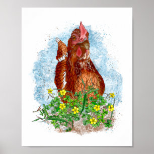 Hand drawn Chicken Art   Cute Chicken in Flowers  Poster