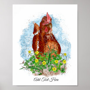Hand drawn Chicken Art Cute Chicken in Flowers Poster