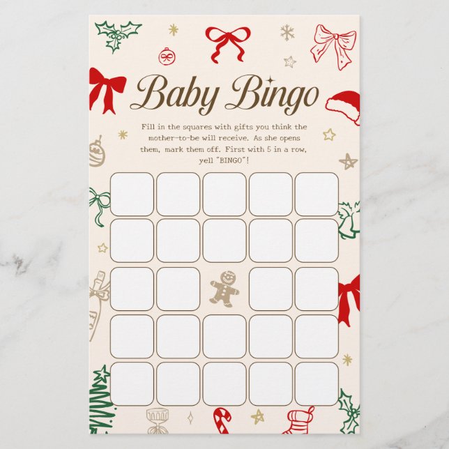 Hand Drawn Christmas Baby Shower Bingo Game (Front)