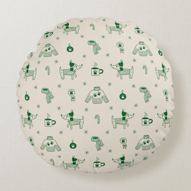 Hand-Drawn Christmas Dogs Round Pillow (Front)