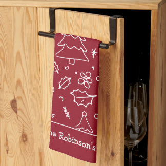 Hand Drawn Christmas Doodles Family Name Tea Towel