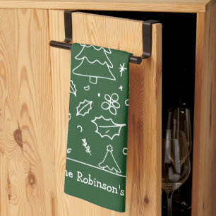 Hand Drawn Christmas Doodles Family Name Tea Towel