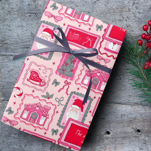 Hand Drawn christmas doodles pink custom name Wrapping Paper