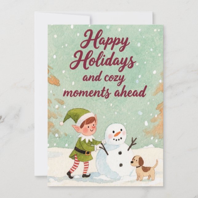 Hand-Drawn Christmas Elf Snowman Winter  Holiday Card (Front)