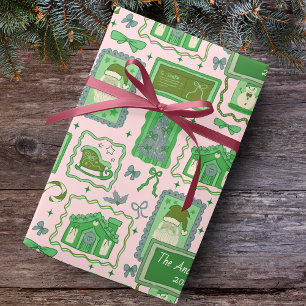 Hand Drawn christmas green pink custom name Wrapping Paper