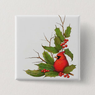 Hand-Drawn Christmas Illustration: Holly, Cardinal 15 Cm Square Badge
