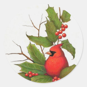 Hand-Drawn Christmas Illustration: Holly, Cardinal Classic Round Sticker