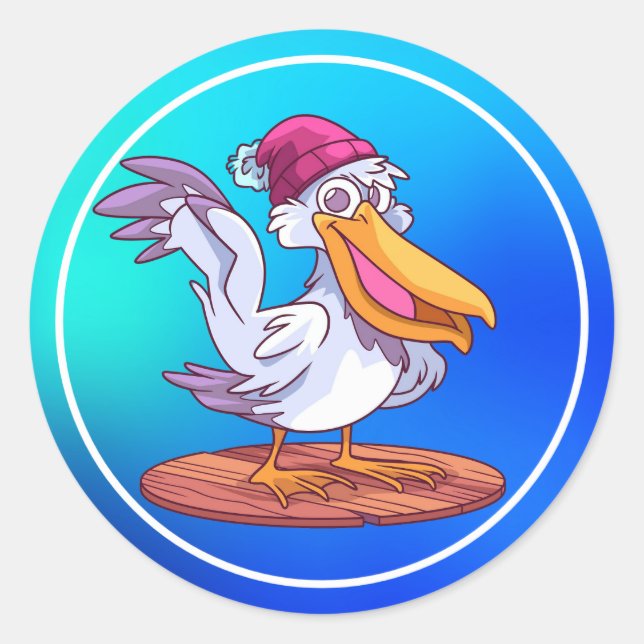 Hand Drawn Christmas Pelican Cartoon Illustration- Classic Round Sticker (Front)