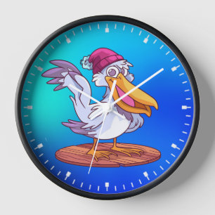 Hand Drawn Christmas Pelican Cartoon Illustration- Clock
