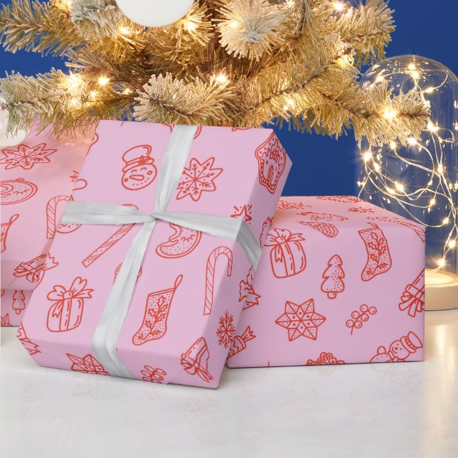 Hand drawn  Christmas Pink and Red Wrapping Paper (Holidays)