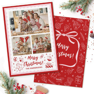 Hand Drawn Christmas Pink Bow 3 Family Photo Holiday Card