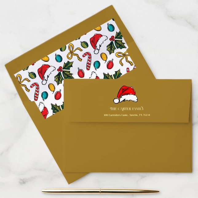 Hand Drawn Christmas Santa Hat Return Address Envelope (Golden return address envelope featuring a playful Santa hat sketch and matching Christmas liner.)