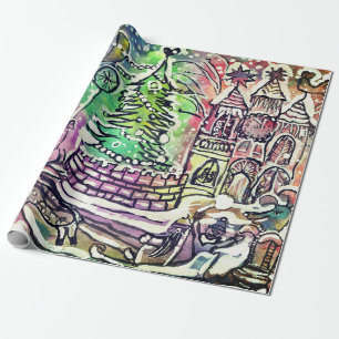 HAND DRAWN CHRISTMAS SCENE GIFT WRAPPING PAPER 