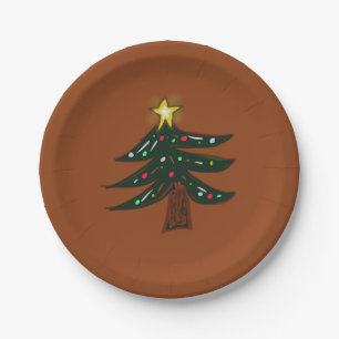 Hand Drawn Christmas Tree Brown Paper Plate