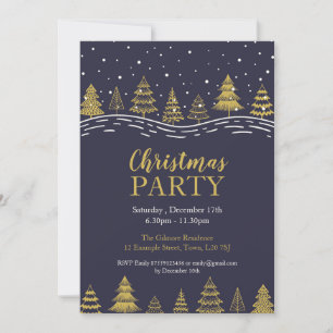 Hand drawn christmas trees blue and gold invitation