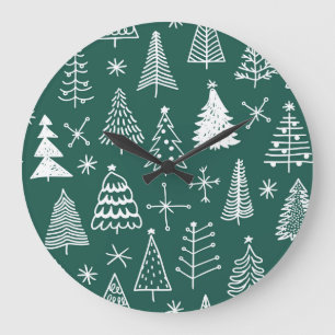 Hand drawn Christmas trees, winter pattern. Large Clock