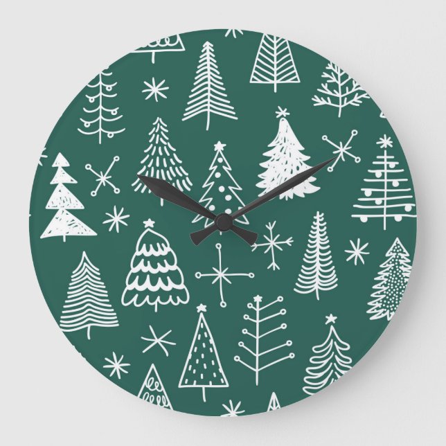 Hand drawn Christmas trees, winter pattern. Large Clock (Front)