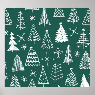 Hand drawn Christmas trees, winter pattern. Poster