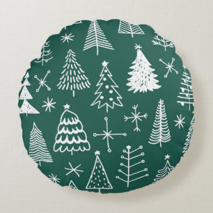 Hand drawn Christmas trees, winter pattern. Round Cushion
