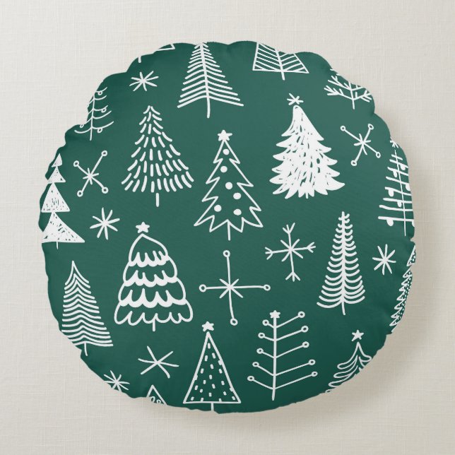 Hand drawn Christmas trees, winter pattern. Round Cushion (Front)