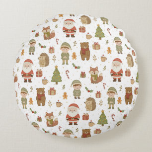 Hand Drawn Christmas Woodland Round Pillow