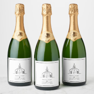 Hand Drawn Church Traditional Whimsical Wedding Sparkling Wine Label