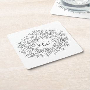 Hand drawn circle of leaves monogram wedding square paper coaster