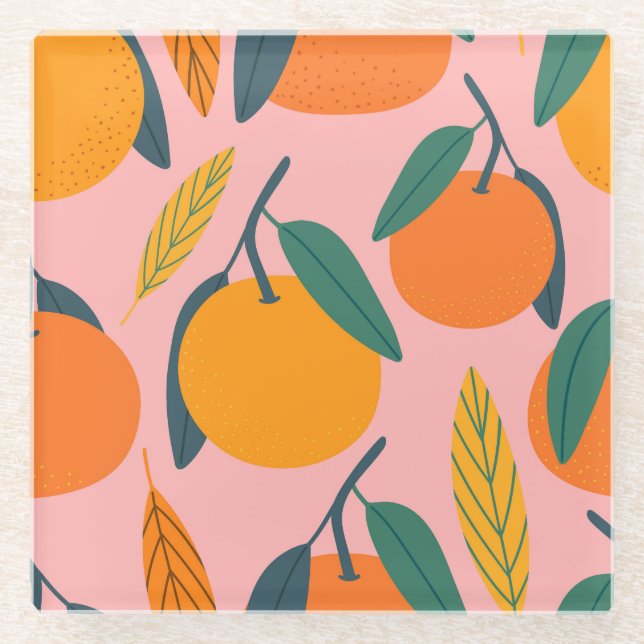 Hand-drawn citrus, seamless mandarin pattern. glass coaster (Front)