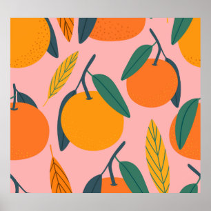 Hand-drawn citrus, seamless mandarin pattern. poster