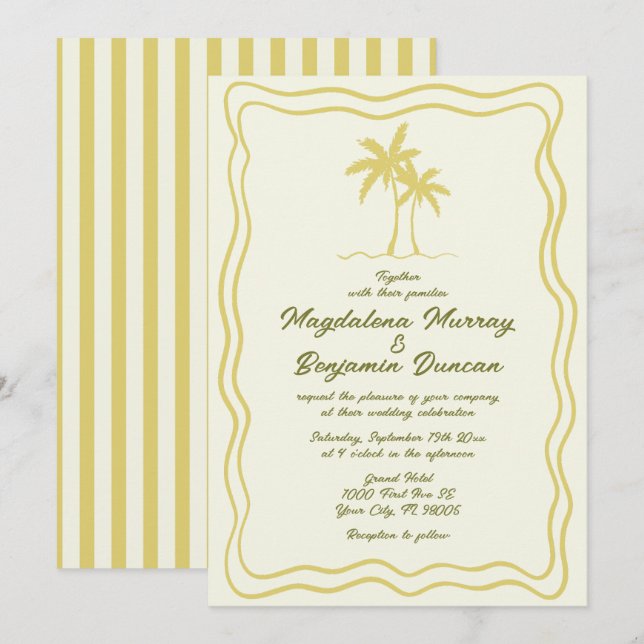 Hand Drawn Citrus Wavy Frame Palm Tree Wedding Invitation (Front/Back)