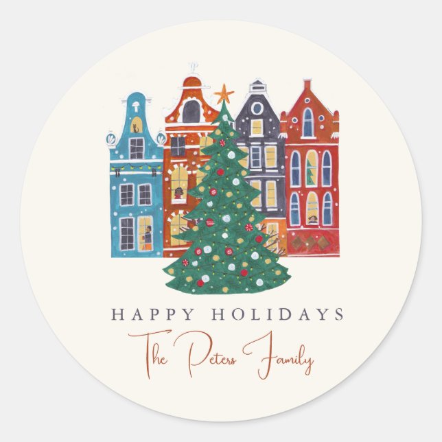 Hand drawn City Amsterdam Christmas Classic Round Sticker (Front)