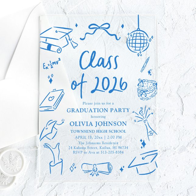 Hand Drawn Class of 2026 Blue Graduation Party Acrylic Invitations (Hand Drawn Class of 2026 Blue Graduation Party Acrylic Invitations)