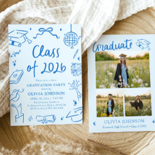 Hand Drawn Class of 2026 Blue Graduation Party Invitation
