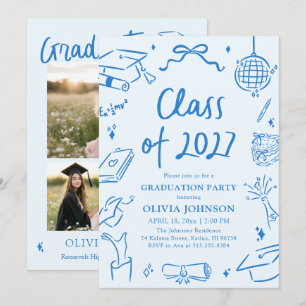 Hand Drawn Class of 2027 Blue Graduation Party Invitation