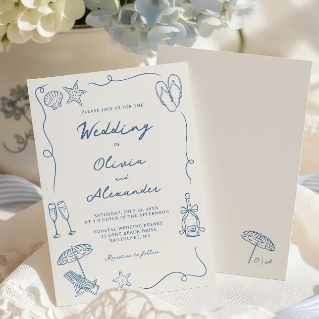 Hand Drawn Coastal Beach Dusty Blue Ivory Wedding Invitation (Creator Uploaded)