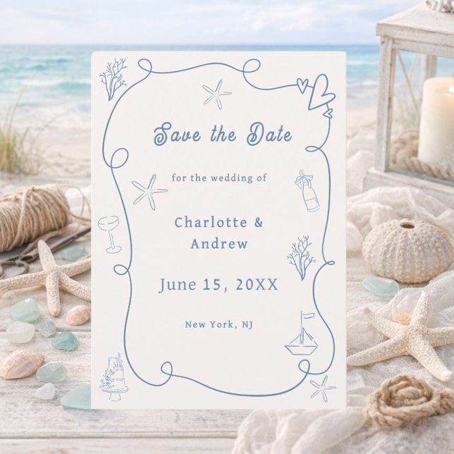 Hand drawn coastal beach dusty blue ivory wedding save the date (Creator Uploaded)
