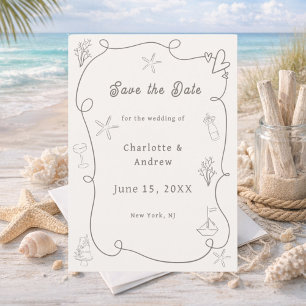 Hand drawn coastal beach ivory taupe sand wedding save the date