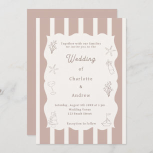 Hand drawn coastal beach ivory taupe wedding invitation