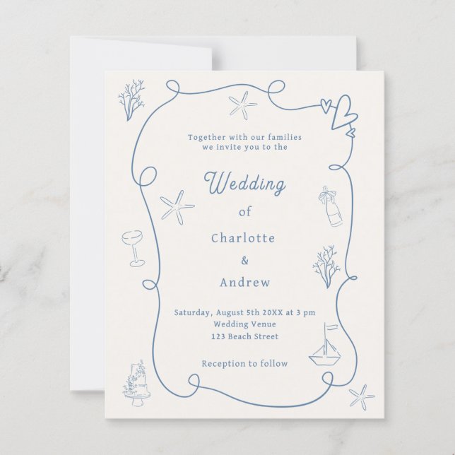 Hand drawn coastal blue ivory wedding invitation (Front)