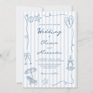 Hand Drawn Coastal Dusty Blue Beach Wedding Invitation