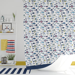 Hand-Drawn Coastal Fish Pattern Shower Curtain