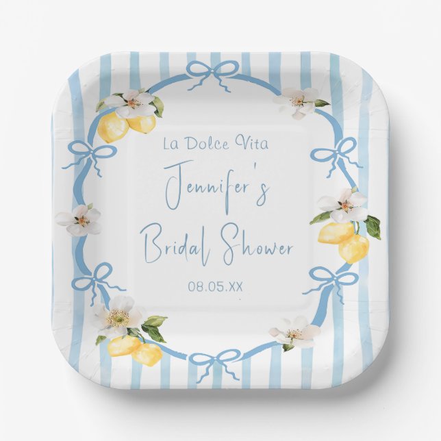 Hand Drawn Coastal Italian Lemon Bridal Shower Paper Plate (Front)