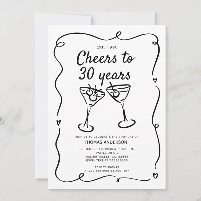 Hand Drawn Cocktail 30th,40th,50th, Birthday  Invitation (Front)